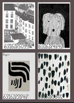 four black and white paintings with numbers on them, each depicting a dog's head