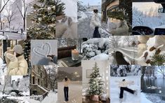 a collage of photos with people and trees in the snow, one man is holding a candle