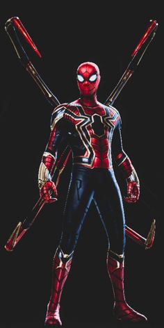 the spider - man is standing with two swords in his hands and wearing a suit