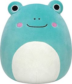 a blue frog plush toy with pink eyes