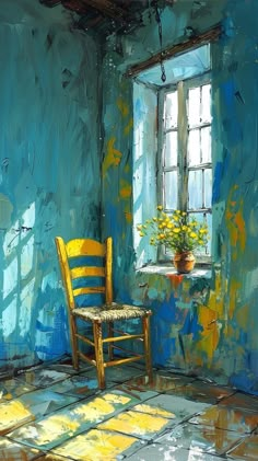 a painting of a chair and window in a room with blue paint on the walls