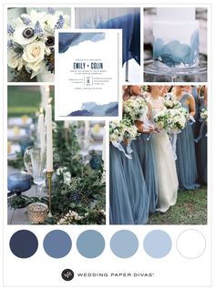 the wedding color scheme is blue and gray, with white flowers on each one side