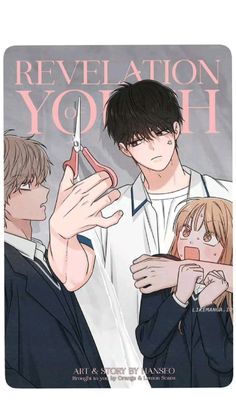 an anime character is cutting another person's hair with scissors in front of him