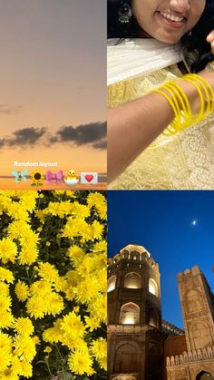 three different pictures with yellow flowers in the foreground and an image of a building