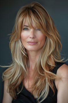 "Elegant Transformations: Gorgeous Hairstyles and Haircuts for Women Over 50. Rediscover Your Radiance! Timeless Looks for Timeless Beauty. Long Hair With Bangs Over 50, Blonde Hair With Bangs And Layers, Blonde Hair Transformations, Layered Hair With Bangs, Long Layered Haircuts, Caramel Highlights, Hair Affair, Wispy Bangs