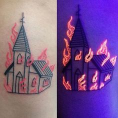 two different tattoos one with a church and the other with flames on it's side