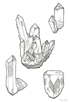 three different types of crystals in black and white ink on paper, each with an individual's hand