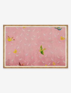 a pink painting with birds flying over it