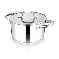 a stainless steel pot with lid and handles on a white background, 3d rendering image