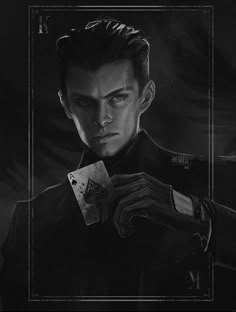 a black and white drawing of a man in uniform holding a playing card with his right hand