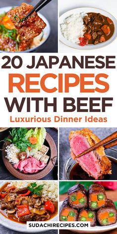 Collection of luxurious Japanese beef dinner recipes featuring teriyaki, curry, sukiyaki hot pot, and beef rolls with vibrant vegetables Japanese Beef Recipes, Japanese Comfort Food, Japanese Hamburger Steak, Beef Tataki, Japanese Steak, Japanese Beef, Beef Dinners, Beef Skewers