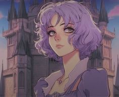 an anime character with purple hair standing in front of a castle and looking at the camera