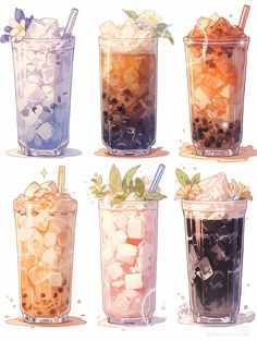 four different types of iced teas in glasses