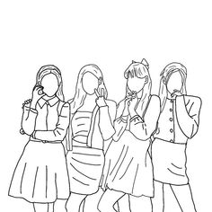 a line drawing of three girls looking at their cell phones while standing next to each other