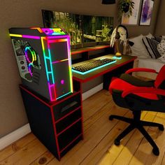 a computer desk with a neon colored keyboard and mouse on it in a room next to a red chair