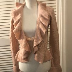 Feminine Long Sleeve Sweater Jacket With Ruffle And Velvet Ribbon Closure In Front Flared At Wrists And Waist Preowned But Never Worn. 100%Acrylic Blush Color Shifting Closet, Flare Sleeve Sweater, Outfit References, Ruffle Sweater, Knitted Romper, Dream Lifestyle, Blush Color, Velvet Ribbon, Delicate Flower