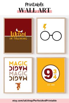 four harry potter inspired posters with the words wizard in training, magic wand and lightning