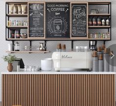 a coffee shop with chalkboard menus on the wall and wooden shelves above it