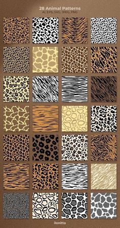 an animal print pattern is shown in different colors and sizes, including zebras, leopard spots