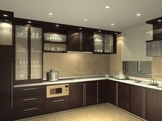 a large kitchen with brown cabinets and white counter tops, along with an oven in the center