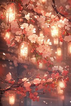 a bunch of lights hanging from a tree with flowers on it and lanterns in the background