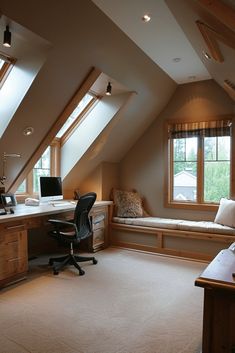 an attic office with two windows and a computer desk in the corner, along with a window seat