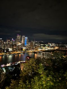 the city lights shine brightly in the night sky over water and trees, as seen from an overlook