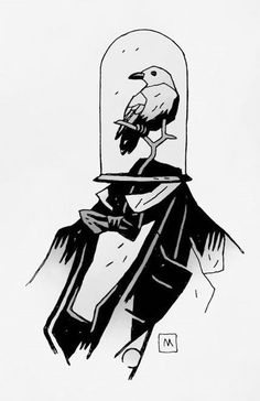 a black and white drawing of a person with a bird on his head sitting in a chair