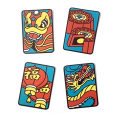 four coasters with different designs on them, each featuring an image of a dragon