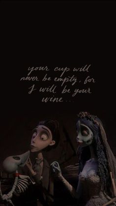 the corpse bride and groom are looking at each other in front of a black background