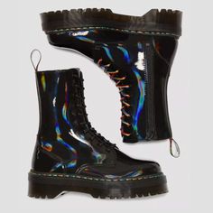 Dr. Martens Jadon Hi Rainbow Patent Platform Boots In Black Rainbow Super Rare The Jadon Boot Is A Fierce Evolution Of Our Iconic 10-Eye Boot, With A Super-Chunky Platform Sole And A Rugged Commando Tread That Brings A Tough, Extra-Empowering Vibe To Any Look. This Pair Is Built Using A Unique Black Leather That Reflects An Iridescent Rainbow Light. Wear These, And You'll Be Wearing The Party. Built On The Comfortable Dr. Martens Airwair Air-Cushioned Sole The Sole Is Secured Using One Of The Mo Dr Martens Jadon Hi, Maddie Aesthetic, Jadon Hi, Dr Martens Airwair, Galaxy Converse, Andrew Minyard, Jadon Boots, Dr Martens Jadon, Soft Leather Boots