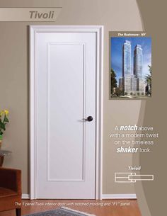 a white door with the words tivoi above it and an image of a tall building