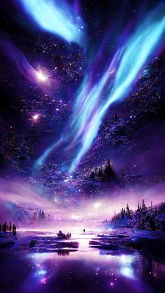 the sky is filled with bright blue and purple lights, while people are standing on ice floes