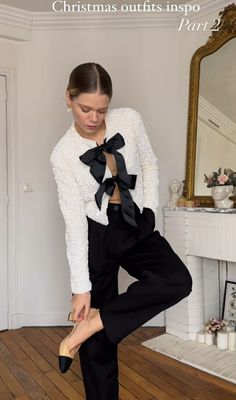 Black And White Outfit Ideas Party Chic, Black And White Holiday Party Outfit, Bow Cardigan Outfit, Semi Formal Christmas Outfits For Women, Christmas Party Outfit Ideas For Women, Parisian Night Outfit, Nutcracker Ballet Outfit Ideas, Old Money Outfit Inspo Women Classy, White Cardigan Outfit Winter