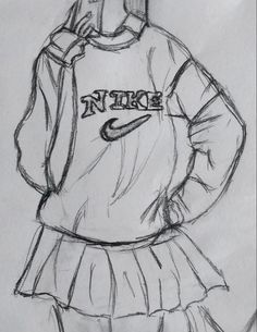 a drawing of a girl in a nike sweatshirt and skirt with her hands on her hips