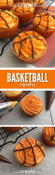 some cupcakes with orange icing and chocolate on top