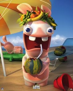 a cartoon character holding a watermelon on the beach