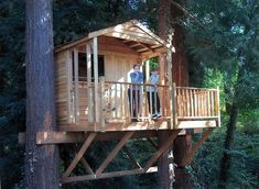 a man standing on top of a wooden tree house