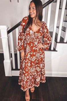 Print Midi Dress | Sophie & Trey Flowy Long Sleeve Dress For Brunch, Chic Maxi Length Long Sleeve Dress For Brunch, Long Dress For Fall Brunch, Long Fall Dress For Brunch, Fall Floral Dress For Brunch, Chic Flowy Floral Dress For Casual Wear, Fitted Boho Sundress Midi Length, Fitted Boho Midi Sundress, Chic Flowy Floral Dress For Dress Down