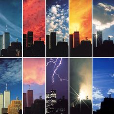 many different pictures of buildings and clouds in the same color scheme, each with their own lightning