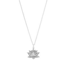 A highlight of our signature Lotus jewelry collection, this necklace features a hand carved lotus flower with realistic detailing, symbolizing rebirth, and purity of body, mind, and speech. Lotus charm measures 20 mm across and hangs 10 mm down from a CZ pave bail. Chain length: 16 inches + 3 inch extender "May you live like the lotus, at ease in the muddy water" ~ Unknown. Spiritual White Gold Necklace For Meditation, Buddhist Necklace, Buddhist Scriptures, Buddhist Jewellery, Lotus Jewelry, Lotus Necklace, The Lotus, Pretty Necklaces, Necklace White