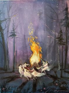 a painting of two people dancing around a fire in the middle of a forest at night