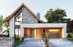 a rendering of a modern house with stone and wood accents, including the front entrance