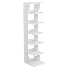 a white shelf with five shelves on each side