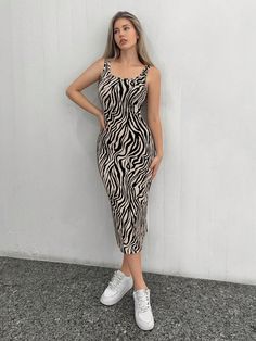 Women'S Zebra Print Sleeveless Dress Coffee Casual  Sleeveless Knitted Fabric Zebra Stripe Tank High Stretch  Women Clothing, size features are:Bust: ,Length: ,Sleeve Length: Long Bodycon Dress Casual, Bodycon Dress Casual, Striped Tank Dress, Street Dress, Zebra Dress, Black Tank Dress, Long Bodycon Dress, Tank Top Dress, Open Back Dresses