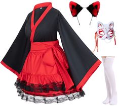 PRICES MAY VARY. Made of cotton blend, polyester, Kimono top *1,Skirt with belt*1,Fox costume hairband *1, Necktie with bell*1 , Over the knee high white sock*1 Kimono top *1,Skirt with belt*1,Fox costume hairband *1, Necktie with bell*1 , Over the knee high white sock*1 This set is classic Japanese anime kimono kitsune fox cosplay costume. Suit for: Daily casual wear,fun as birthday or holiday gifts,Halloween party uniforms, Mother's day gift,gothic lolita costume, christmas(Xmas) holidays,birt Red And White Kimono, White Kimono Dress, Kimono And Dress, Fox Cosplay, Fox Costume, Dress Websites, Kitsune Fox, Traditional Japanese Kimono, Anime Kimono