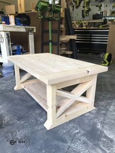 a table made out of wood in a garage