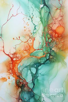 an abstract painting with orange, green and blue colors on it's surface is featured in this image