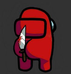 a red cartoon character holding a knife in his right hand and looking down at the ground