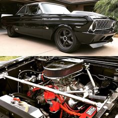 an old black car with the engine in it's trunk and another photo of its hood up